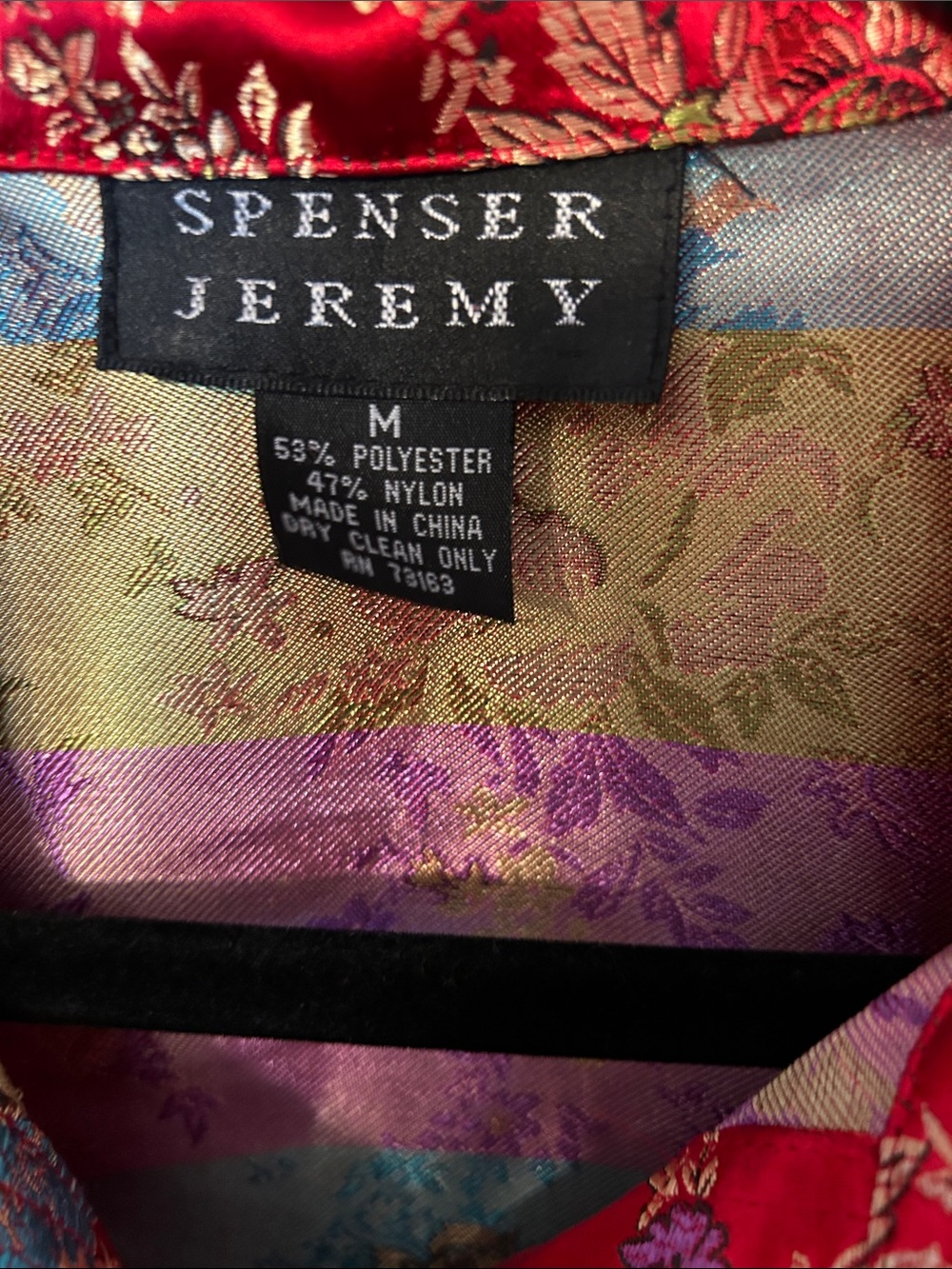 Spenser Jeremy Red Floral Brocade Jean Jacket with Gold & Blue Accents - Picture 2 of 5
